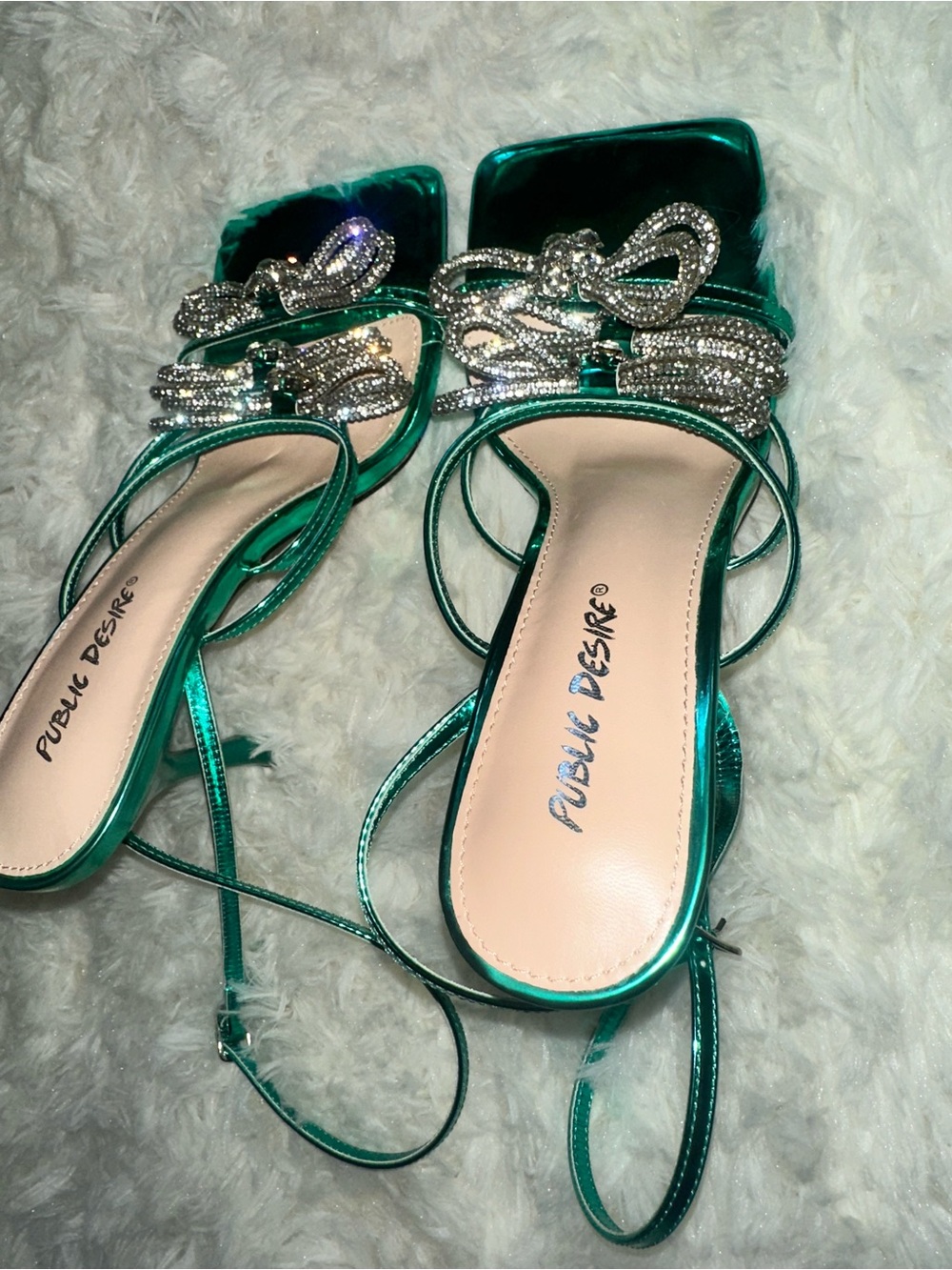 Public Desire Metallic Emerald Green Rhinestone Bow Heels